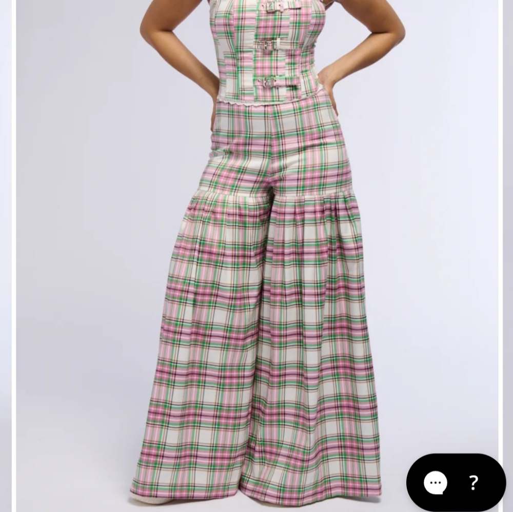 AKIRA Pink & Green Plaid Wide Leg Jumpsuit Pants